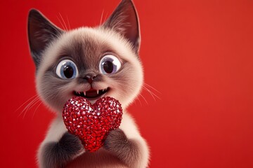 Burmese - my preferred cat. Promotion creative. Cute burmese feline infant with sparkling rhinestones red heart - emblem of love, funny greeting card. Romantic kitten valentine. Pet in love.
