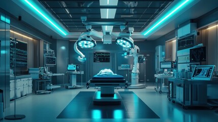 Obraz premium A futuristic operating room equipped with advanced medical technology and surgical equipment.