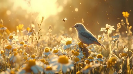 Fototapeta premium Serene Sunrise: A Little Bird in a Daisy Meadow