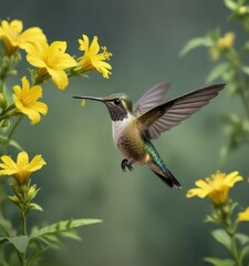 Fototapeta premium Hummingbird feeding on the sweet liquid of a small yellow flower with other nearby blooms, garden, foliage