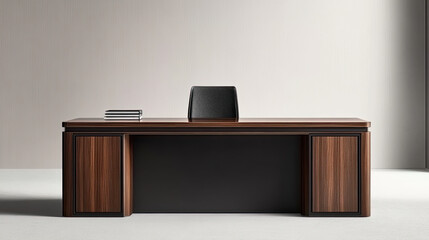 Fototapeta premium A modern wooden office desk with a minimalist design, featuring a black chair and a clean, neutral background.