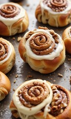 Fototapeta premium Icy drizzle on cinnamon rolls with sprinkled walnuts , food decoration, drizzled icing, baked goods
