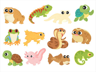 Cute Vector Illustration of Reptiles and Amphibians in a Playful Cartoon Style