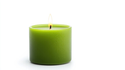 A green candle with a flickering flame, set against a plain white background, creating a calming and serene atmosphere.