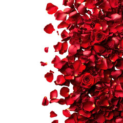 A cascade of vibrant red rose petals falling gracefully against a white background, symbolizing love and romance.