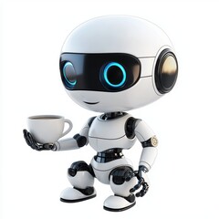 robot barista holding a cup of coffee, with a sleek futuristic design, placed on a clean white background