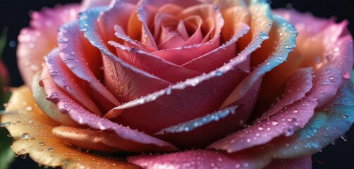 Iridescent sheen on the rose's surface like oil droplets, floral, mist