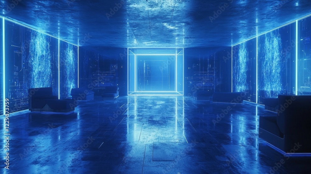 Poster within a high-tech server room, glowing blue lights create an ethereal atmosphere. the sleek, reflec