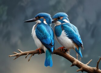 Fototapeta premium Kingfisher's vibrant blue and white plumage glistens on its perch, lake bird, bird, tree branch