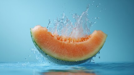 Cantaloupe slice splashing into water.