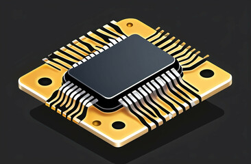 Computer microchip with gold pins and circuit details isolated on transparent background