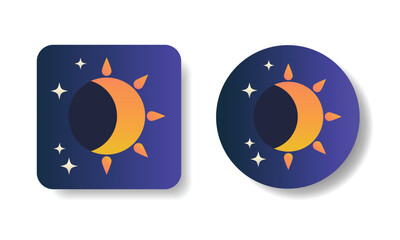 Partial solar eclipse icons, square and round shape hand drawn vector illustrations in flat design