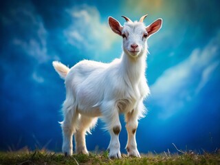 Obraz premium Adorable White Nigerian Dwarf Goat Panoramic Photo, Blue Background