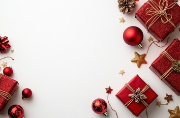 Red Christmas presents and decorations on a white background