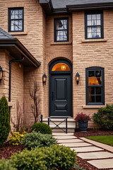 Elegant Brick House Exterior with Landscaped Garden and Stone Pathway. Modern Home Design, Real Estate Photography