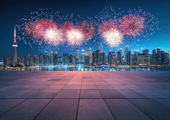 Obraz premium Spectacular Fireworks Display Over Urban Skyline at Night with City Lights Reflected on Still Water and Empty Pavement in Foreground
