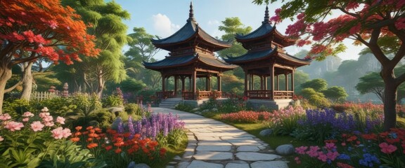 lush greenery and vibrant flowers surround a small wooden pagoda in the foreground, tranquil, green, garden