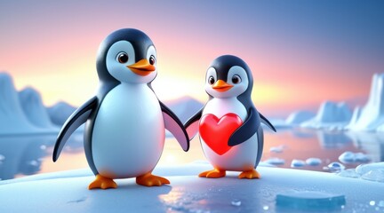 Obraz premium Adorable Cartoon Penguins Sharing a Heart on Icy Landscape at Sunset
