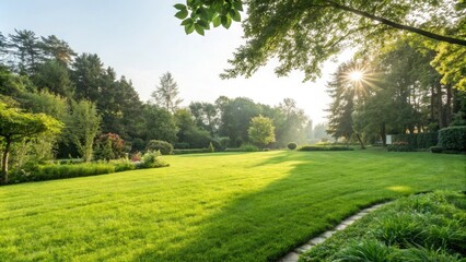 Obraz premium Lush green grass under a bright sun in a serene garden, flower fields,