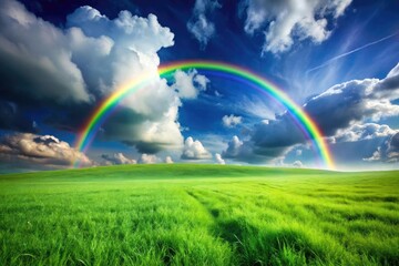 Obraz premium Lush green grass under a majestic rainbow-colored sky with fluffy white clouds, rural landscape, rolling hills, peaceful countryside, natural scenery