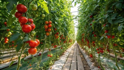 Lush tomato vines overflowing with heavy ripe red tomatoes in a sunny garden, overflowing tomatoes, green leafy foliage, vine covered tomatoes, garden flowers