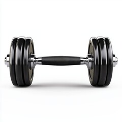 shiny black dumbbell with rubber-coated weights, isolated on a clean white background