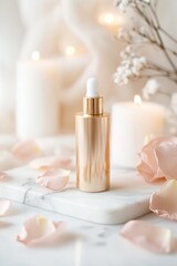 A gold-accented bath product stands prominently on a sleek white marble tray, adorned with scattered rose petals and illuminated by glowing candles, creating a serene atmosphere