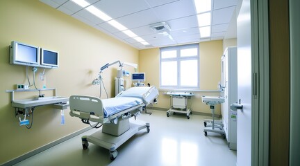 Bright Hospital Room Interior with Medical Equipment and Bed