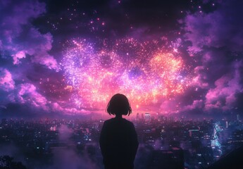 Spectacular Night Sky Filled with Colorful Fireworks Over a Cityscape with a Silhouette of a Young Girl Celebrating the Moment of Joy and Wonder