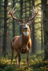 Fototapeta premium Majestic white tailed deer buck with vibrant velvet antlers in forest setting, wildlife, nature, velvet, buck