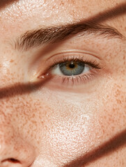 Fototapeta premium Close-up of green eye with freckles and sunlight casting artistic shadows 