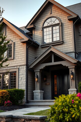 Obraz premium Luxury Home Exterior: Modern Brick and Stone Architecture, Evening View