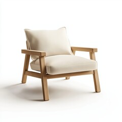 simple Scandinavian-style wooden chair with soft beige cushions, isolated on a white background with subtle lighting