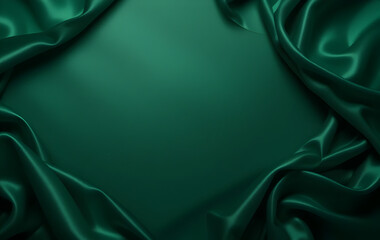 Green background. Folds on shiny fabric surface. Beautiful dark background with space for design