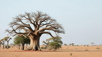 Obraz premium Mature baobab tree standing next to a cluster of acacia trees on a dry sandy savannah, landscape, serene, tree group