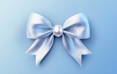 Naklejka premium silver bow with a pearl center, placed on a soft blue gradient background. Valentines Day and 8 March theme