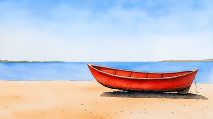 Fototapeta premium Tranquil Coastal Scene Watercolor Painting: Red Boat on Sandy Beach under a Clear Blue Sky