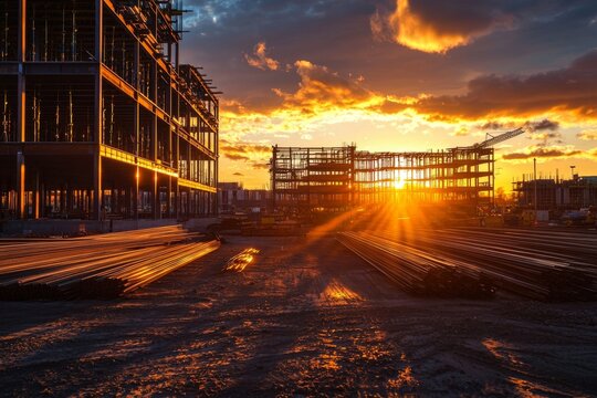 sunset view of a construction site, with structural steel beams being erected for high-rise residential buildings, highlighting the beauty of architecture and nature