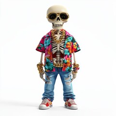 Fototapeta premium skeleton dressed in a colorful Hawaiian shirt, denim jeans, and sneakers, with a gold chain necklace, isolated on a bright white background