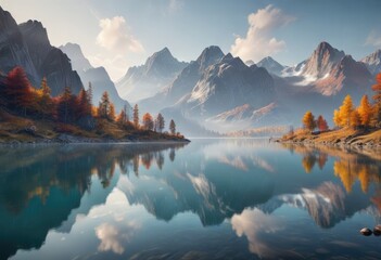 Misty mountains in the distance, reflecting off a calm lake surface, distant landscape, water reflection, forest scene