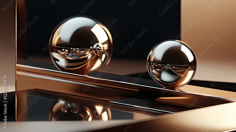 Poster abstract composition of shiny metallic spheres balanced on geometric shapes.