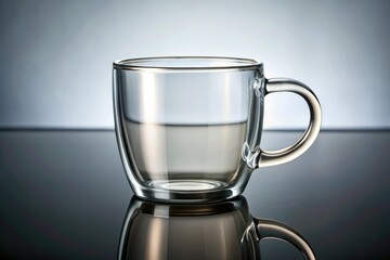 Modern clear glass coffee mug with a minimalist handle and a rounded body shape, minimalist, clear glass, beverage container, coffee mug