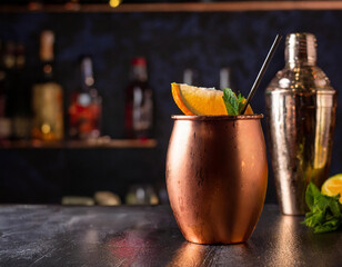 Moscow mule in a bar. Empty space for text