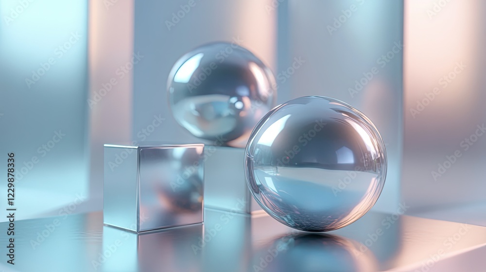 Canvas Prints abstract composition of shiny metallic spheres balanced on geometric shapes.