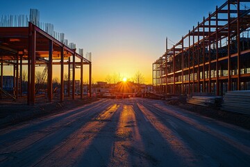 sunset view of a construction site, with structural steel beams being erected for high-rise residential buildings, highlighting the beauty of architecture and nature