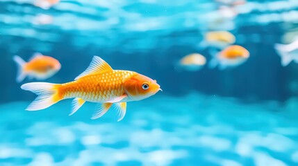 Naklejka premium A goldfish swims in a blue pool