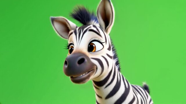 Cute cartoon zebra portrait, green screen, animation, children's book