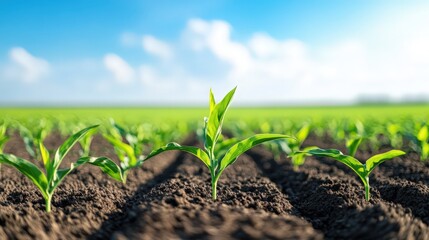 A field of green plants with a blue sky in the background