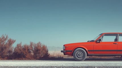 Fototapeta premium Vibrant red car with a flat tire parked on a dusty roadside under a clear sky