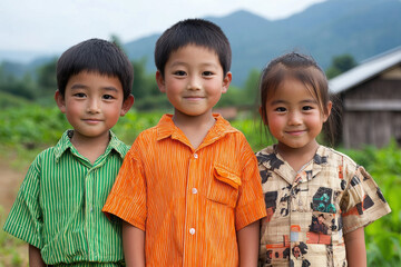 Three smiling children in colorful shirts stand outdoors with rural landscape in background, evoking joy and simplicity
